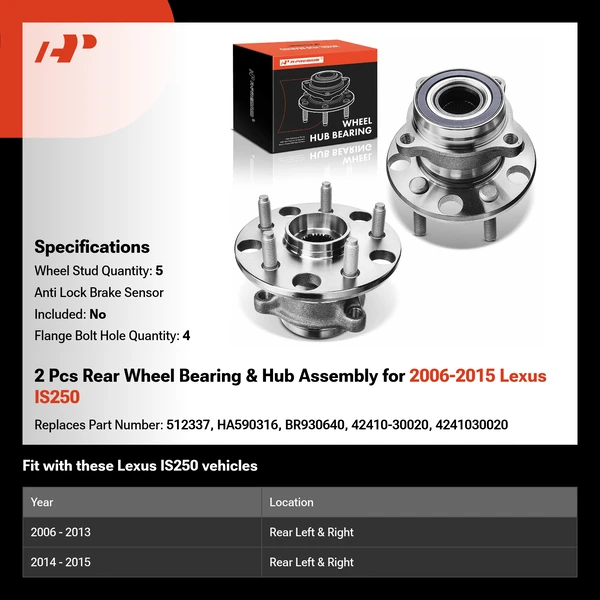 2 Pcs Rear Wheel Bearing & Hub Assembly for 2006-2015 Lexus IS250