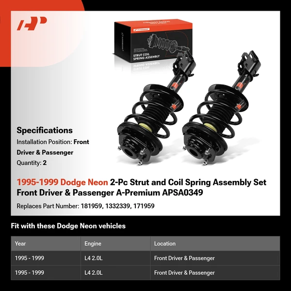 1995-1999 Dodge Neon 2-Pc Strut and Coil Spring Assembly Set Front Driver & Passenger A-Premium APSA0349
