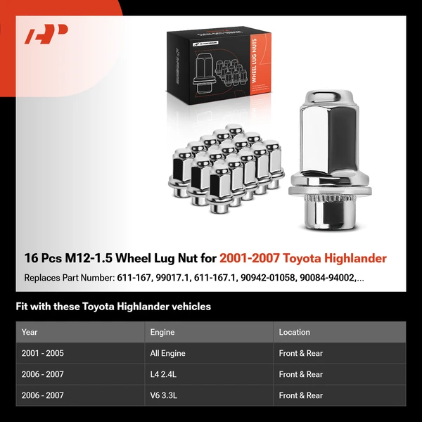 16 Pcs M12-1.5 Wheel Lug Nut for 2001-2007 Toyota Highlander