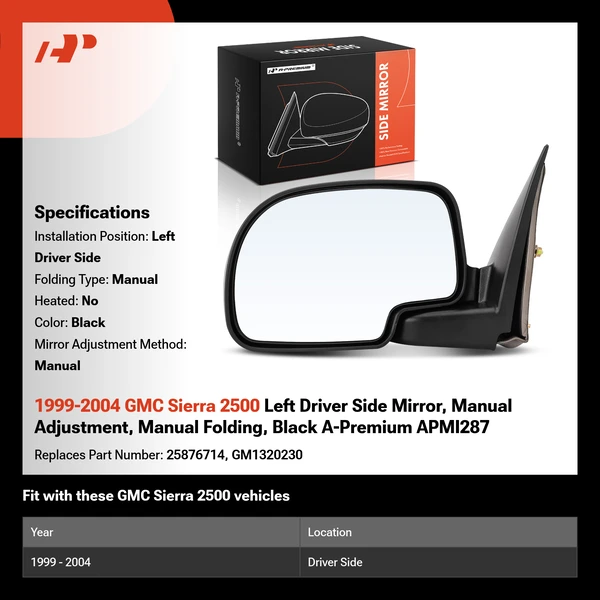 1999-2004 GMC Sierra 2500 Left Driver Side Mirror, Manual Adjustment, Manual Folding, Black A-Premium APMI287