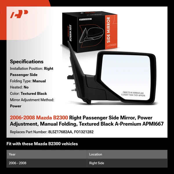 2006-2008 Mazda B2300 Right Passenger Side Mirror, Power Adjustment, Manual Folding, Textured Black A-Premium APMI667