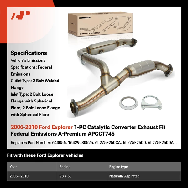 2006-2010 Ford Explorer 1-PC Catalytic Converter Exhaust Fit Federal Emissions A-Premium APCCT745