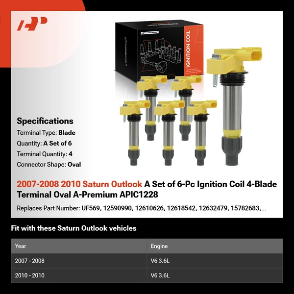 2007-2008 2010 Saturn Outlook A Set of 6-Pc Ignition Coil 4-Blade Terminal Oval A-Premium APIC1228