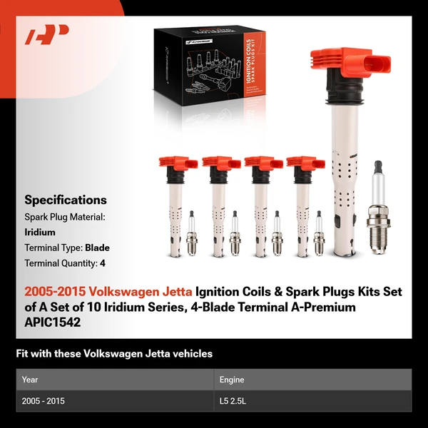 2005-2015 Volkswagen Jetta Ignition Coils & Spark Plugs Kits Set of A Set of 10 Iridium Series, 4-Blade Terminal A-Premium APIC1542