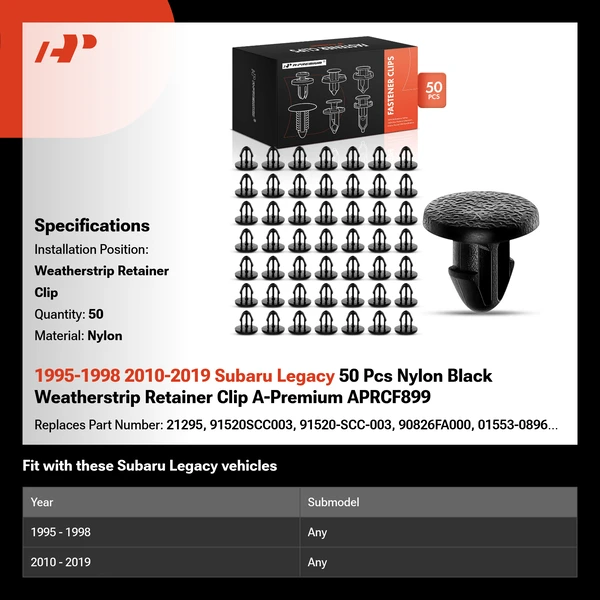 1995-1998 2010-2019 Subaru Legacy 50 Pcs Nylon Black Weatherstrip Retainer Clip A-Premium APRCF899