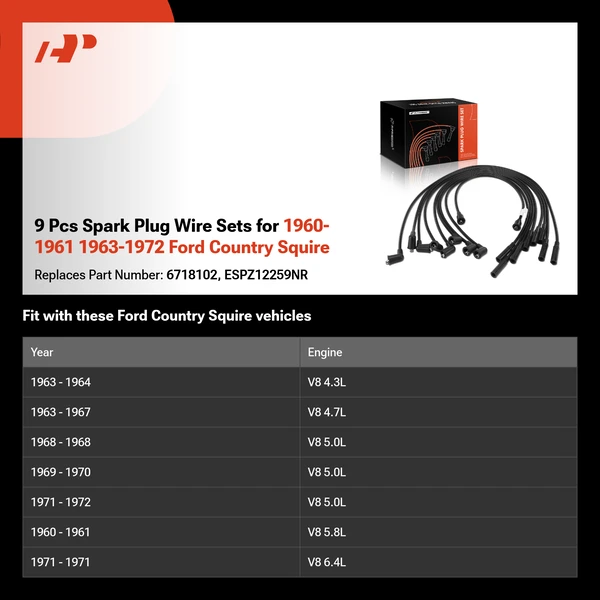 9 Pcs Spark Plug Wire Sets for 1960-1961 1963-1972 Ford Country Squire
