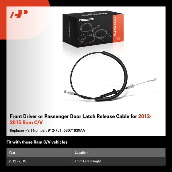 Front Driver or Passenger Door Latch Release Cable for 2012-2015 Ram C/V