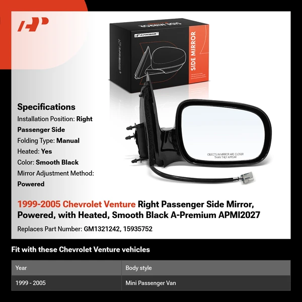 1999-2005 Chevrolet Venture Right Passenger Side Mirror, Powered, with Heated, Smooth Black A-Premium APMI2027