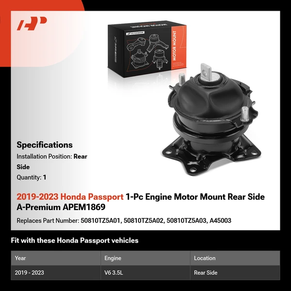 2019-2023 Honda Passport 1-Pc Engine Motor Mount Rear Side A-Premium APEM1869