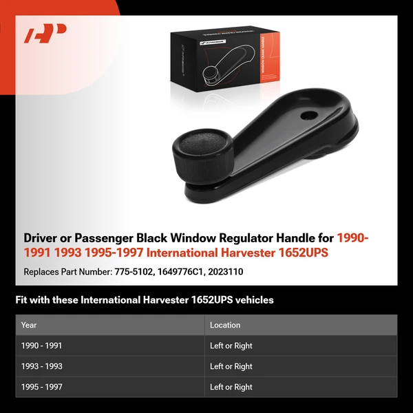 Driver or Passenger Black Window Regulator Handle for 1990-1991 1993 1995-1997 International Harvester 1652UPS