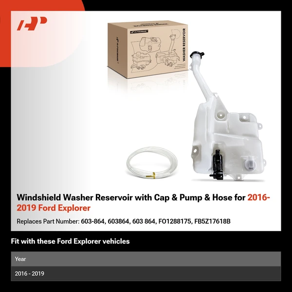 Windshield Washer Reservoir with Cap & Pump & Hose for 2016-2019 Ford Explorer