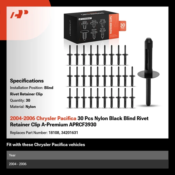 2004-2006 Chrysler Pacifica 30 Pcs Nylon Black Blind Rivet Retainer Clip A-Premium APRCF3930