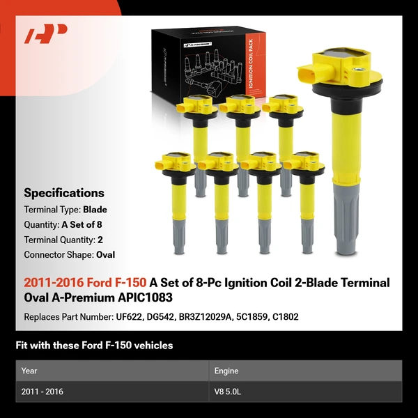 2011-2016 Ford F-150 A Set of 8-Pc Ignition Coil 2-Blade Terminal Oval A-Premium APIC1083