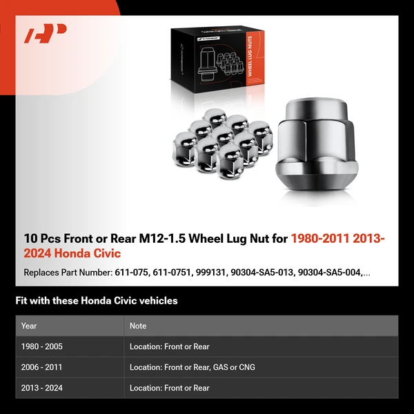 10 Pcs Front or Rear M12-1.5 Wheel Lug Nut for 1980-2011 2013-2024 Honda Civic