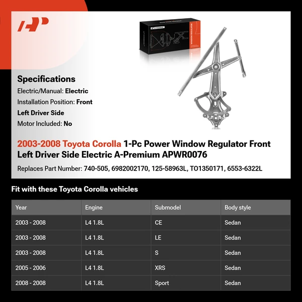 2003-2008 Toyota Corolla 1-Pc Power Window Regulator Front Left Driver Side Electric A-Premium APWR0076