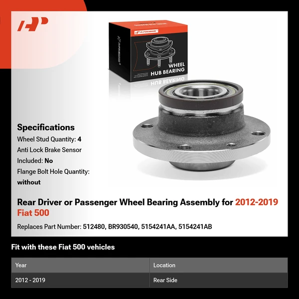 Rear Driver or Passenger Wheel Bearing Assembly for 2012-2019 Fiat 500