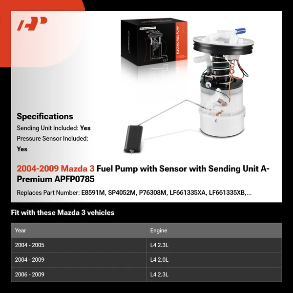 2004-2009 Mazda 3 Fuel Pump with Sensor with Sending Unit A-Premium APFP0785