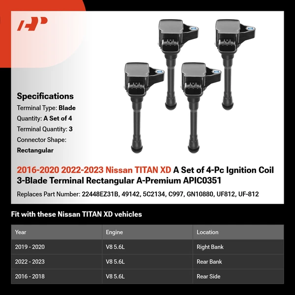 2016-2020 2022-2023 Nissan TITAN XD A Set of 4-Pc Ignition Coil 3-Blade Terminal Rectangular A-Premium APIC0351