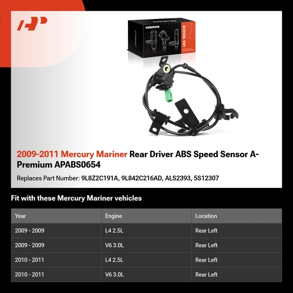 2009-2011 Mercury Mariner Rear Driver ABS Speed Sensor A-Premium APABS0654