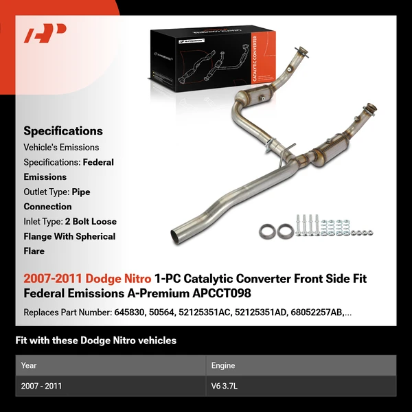 2007-2011 Dodge Nitro 1-PC Catalytic Converter Front Side Fit Federal Emissions A-Premium APCCT098