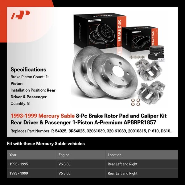 1993-1999 Mercury Sable 8-Pc Brake Rotor Pad and Caliper Kit Rear Driver & Passenger 1-Piston A-Premium APBRPR1857