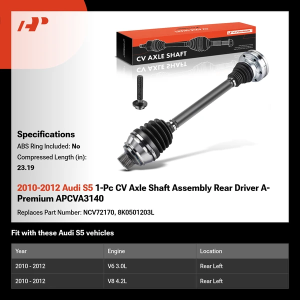 2010-2012 Audi S5 1-Pc CV Axle Shaft Assembly Rear Driver A-Premium APCVA3140