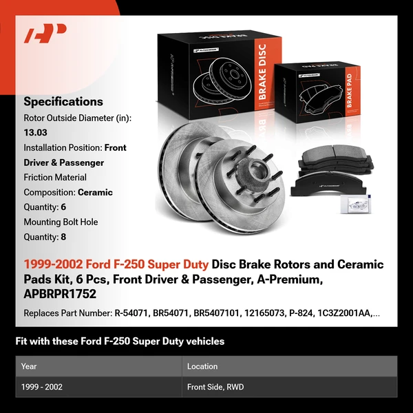 1999-2002 Ford F-250 Super Duty Disc Brake Rotors and Ceramic Pads Kit, 6 Pcs, Front Driver & Passenger, A-Premium, APBRPR1752