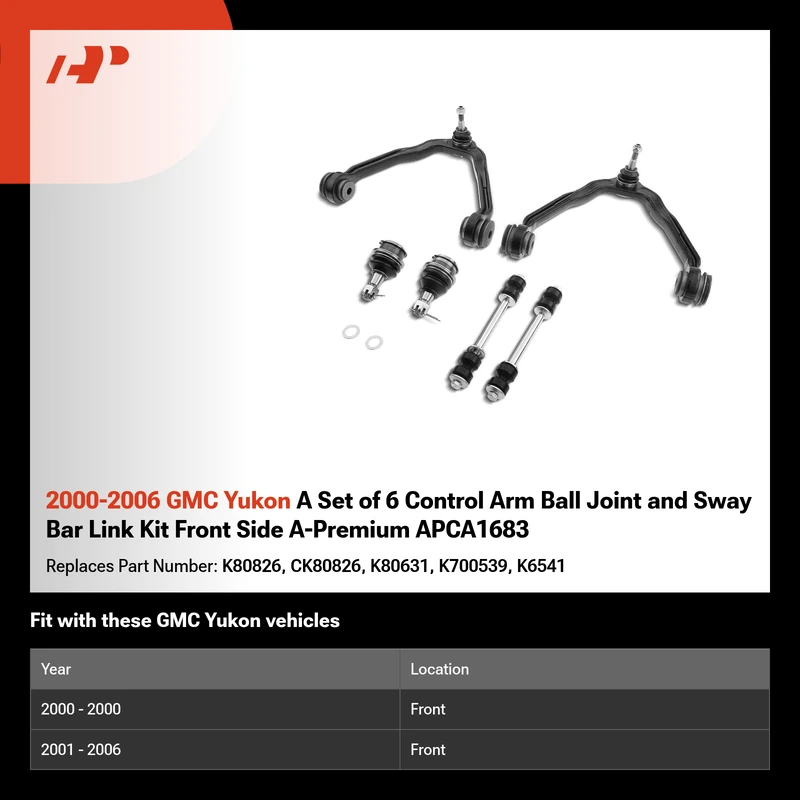 2000-2006 GMC Yukon A Set of 6 Control Arm Ball Joint and Sway Bar Link Kit Front Side A-Premium APCA1683