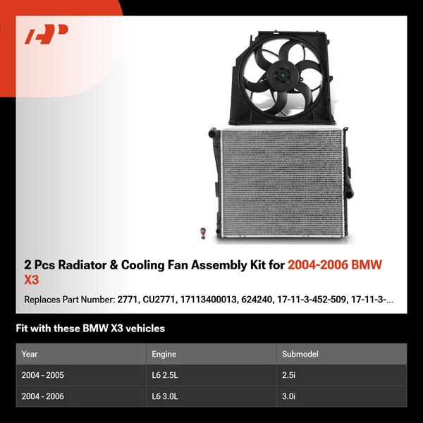 2 Pcs Radiator & Cooling Fan Assembly Kit for 2004-2006 BMW X3