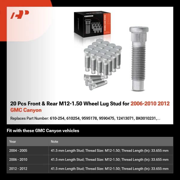 20 Pcs Front & Rear M12-1.50 Wheel Lug Stud for 2006-2010 2012 GMC Canyon