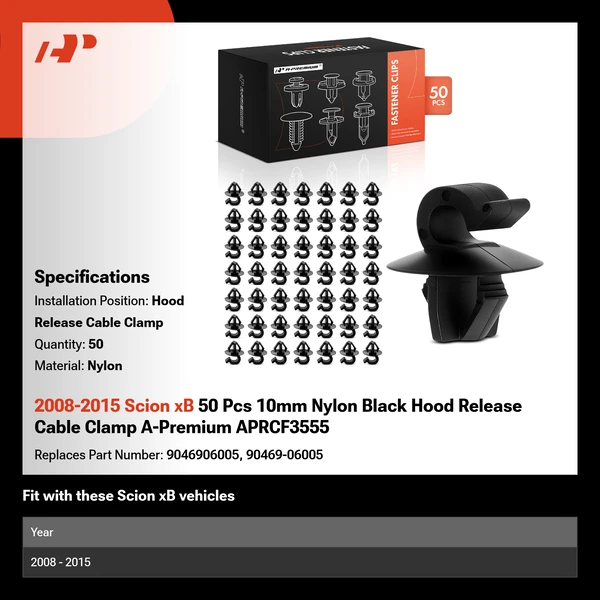 2008-2015 Scion xB 50 Pcs 10mm Nylon Black Hood Release Cable Clamp A-Premium APRCF3555