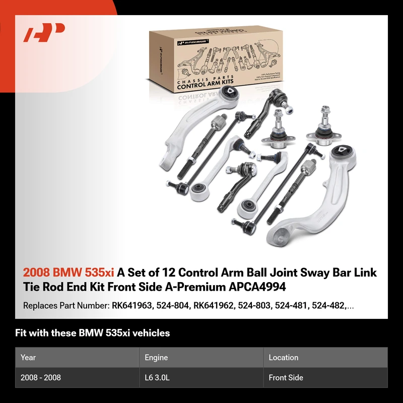 2008 BMW 535xi A Set of 12 Control Arm Ball Joint Sway Bar Link Tie Rod End Kit Front Side A-Premium APCA4994