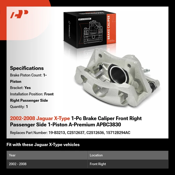 2002-2008 Jaguar X-Type 1-Pc Brake Caliper Front Right Passenger Side 1-Piston A-Premium APBC3830