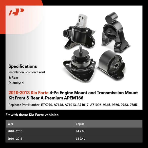 2010-2013 Kia Forte 4-Pc Engine Mount and Transmission Mount Kit Front & Rear A-Premium APEM166