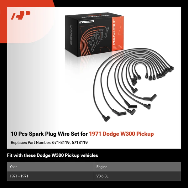 10 Pcs Spark Plug Wire Set for 1971 Dodge W300 Pickup