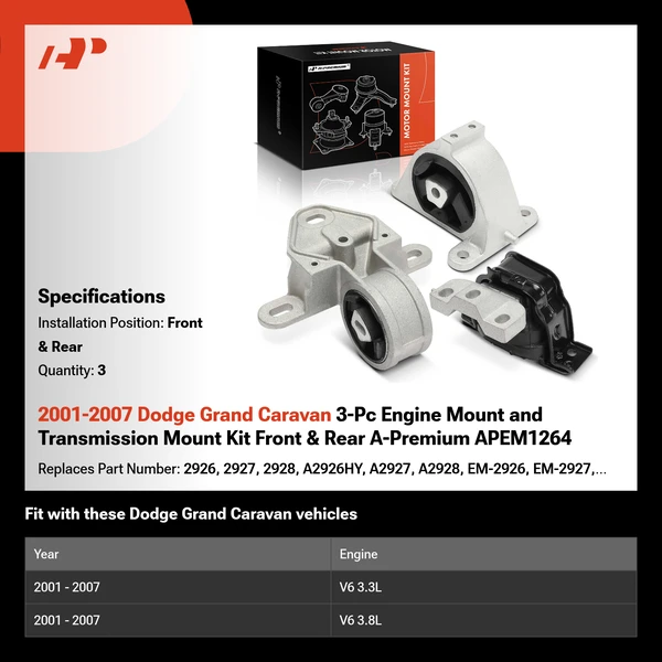 2001-2007 Dodge Grand Caravan 3-Pc Engine Mount and Transmission Mount Kit Front & Rear A-Premium APEM1264