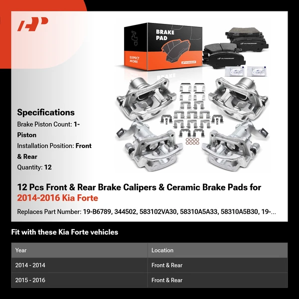 12 Pcs Front & Rear Brake Calipers & Ceramic Brake Pads for 2014-2016 Kia Forte