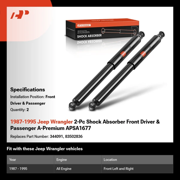 1987-1995 Jeep Wrangler 2-Pc Shock Absorber Front Driver & Passenger A-Premium APSA1677