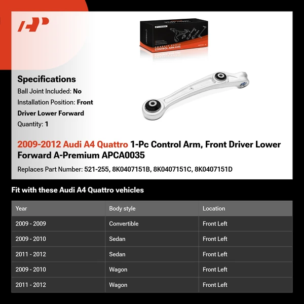 2009-2012 Audi A4 Quattro 1-Pc Control Arm, Front Driver Lower Forward A-Premium APCA0035