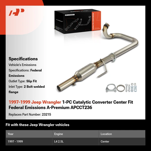 1997-1999 Jeep Wrangler 1-PC Catalytic Converter Center Fit Federal Emissions A-Premium APCCT236