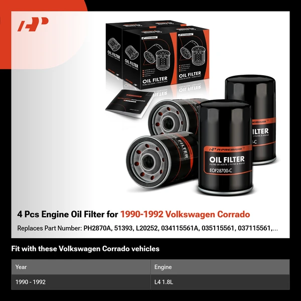 4 Pcs Engine Oil Filter for 1990-1992 Volkswagen Corrado