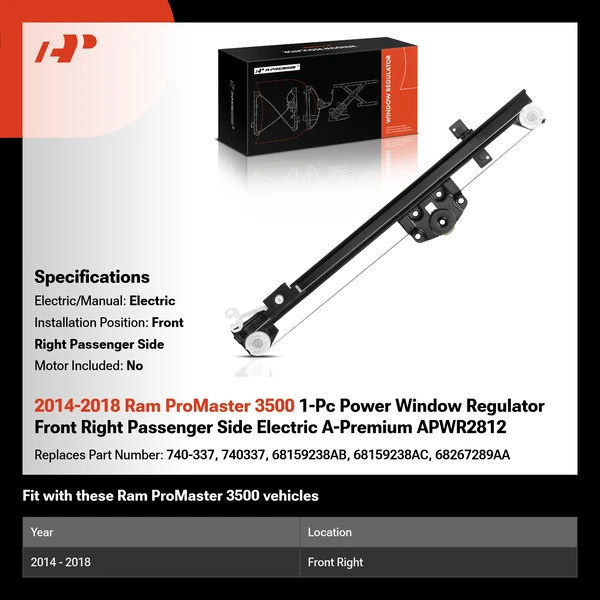 2014-2018 Ram ProMaster 3500 1-Pc Power Window Regulator Front Right Passenger Side Electric A-Premium APWR2812