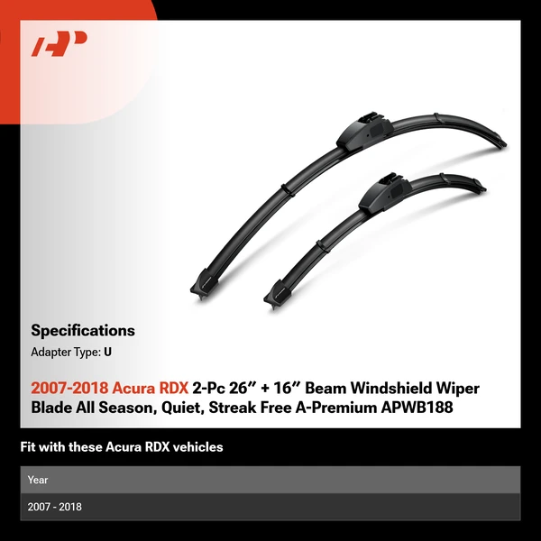 2007-2018 Acura RDX 2-Pc 26″ + 16″ Beam Windshield Wiper Blade All Season, Quiet, Streak Free A-Premium APWB188