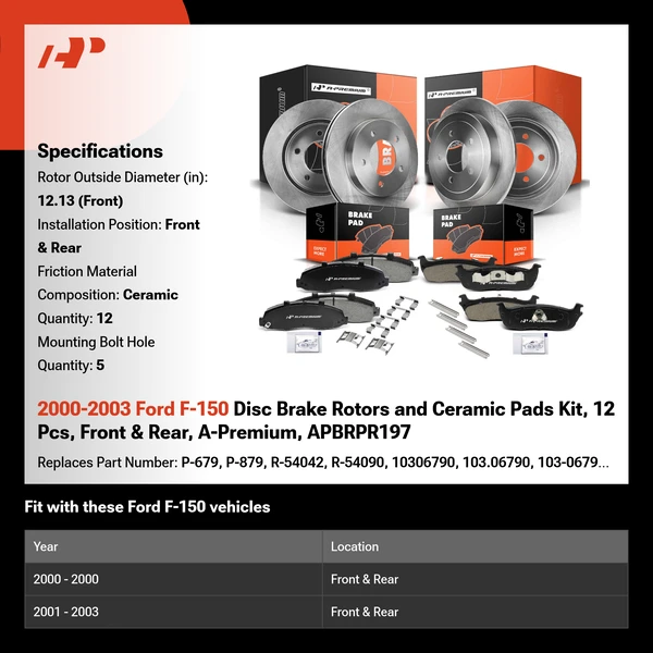 2000-2003 Ford F-150 Disc Brake Rotors and Ceramic Pads Kit, 12 Pcs, Front & Rear, A-Premium, APBRPR197