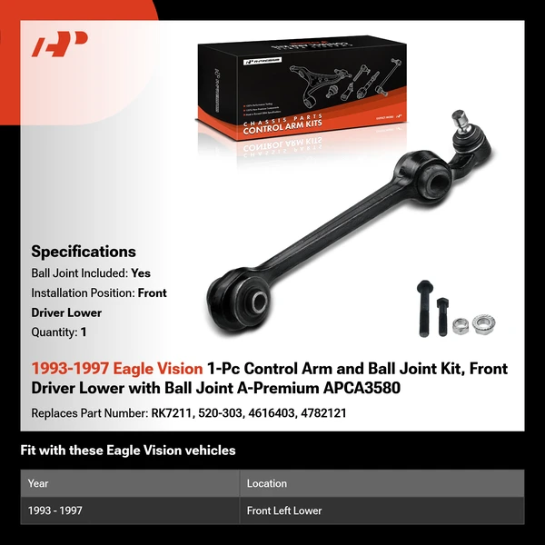 1993-1997 Eagle Vision 1-Pc Control Arm and Ball Joint Kit, Front Driver Lower with Ball Joint A-Premium APCA3580