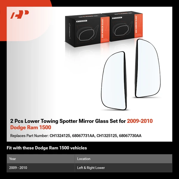 2 Pcs Lower Towing Spotter Mirror Glass Set for 2009-2010 Dodge Ram 1500