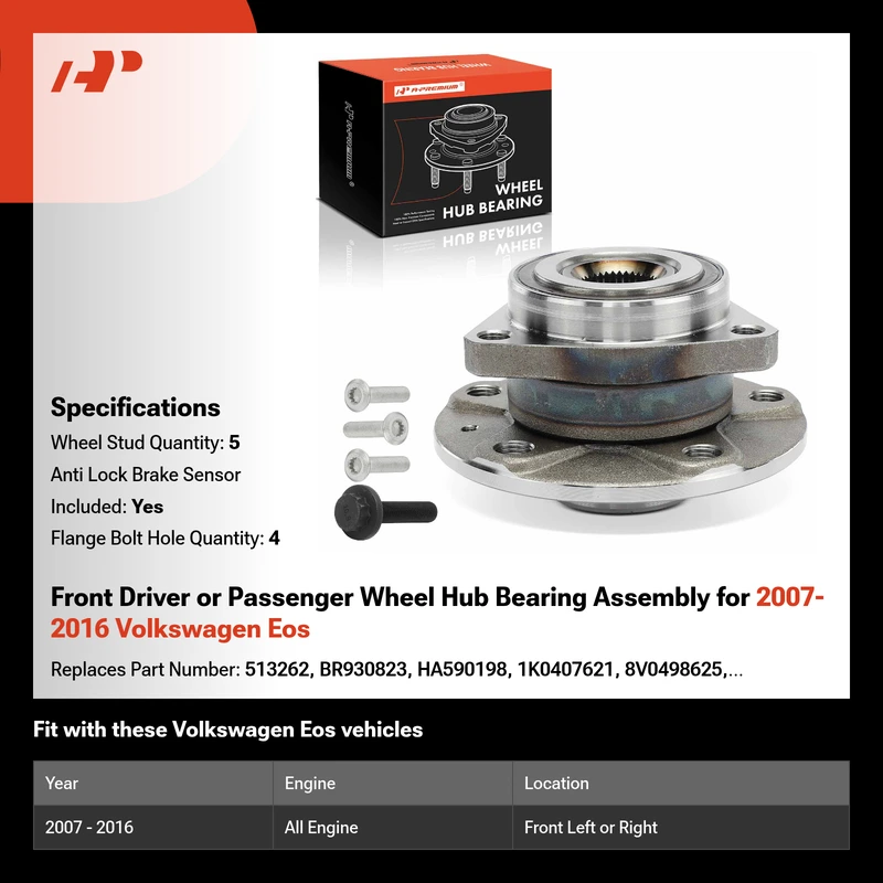 Front Driver or Passenger Wheel Hub Bearing Assembly for 2007-2016 Volkswagen Eos