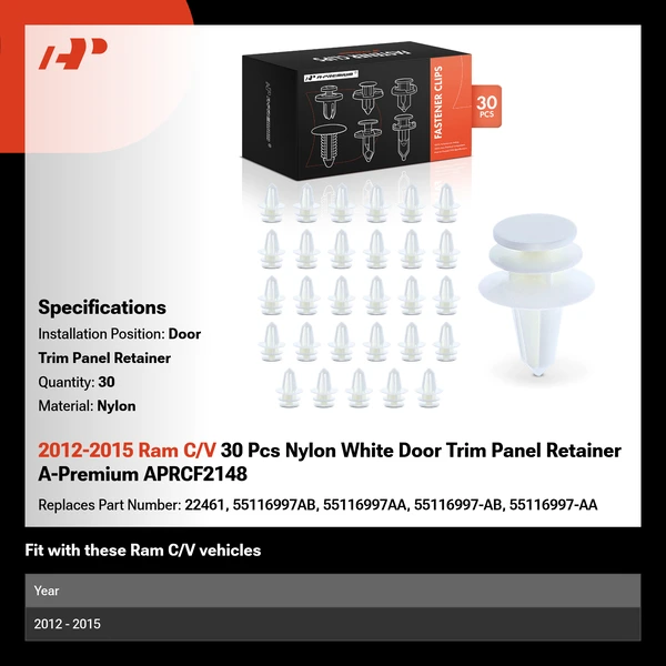 2012-2015 Ram C/V 30 Pcs Nylon White Door Trim Panel Retainer A-Premium APRCF2148