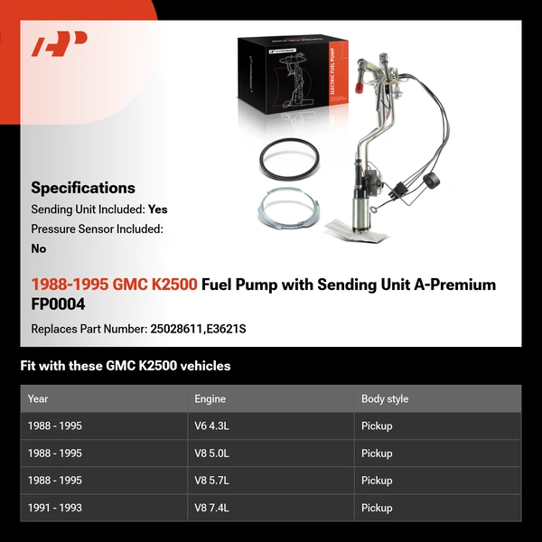 1988-1995 GMC K2500 Fuel Pump with Sending Unit A-Premium FP0004