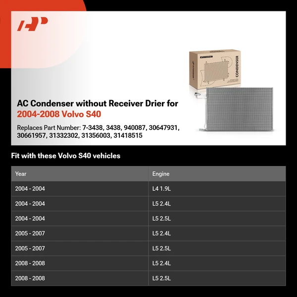 AC Condenser without Receiver Drier for 2004-2008 Volvo S40